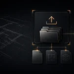 Abstrakter, sicherer Daten-Upload mit Ordnerstruktur und Prüfsiegel im dunklen ESTATA-Design